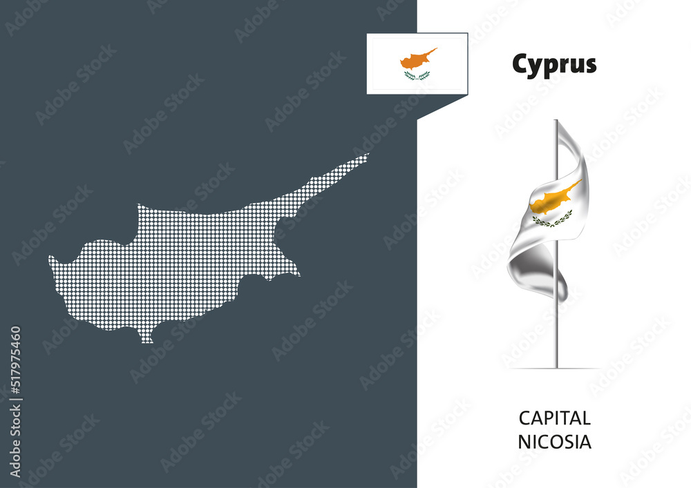 Flag of  Cyprus on white background. Dotted map of Cyprus with Capital name - Nicosia.