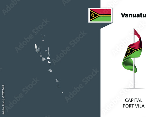 Flag of Vanuatu on white background. Dotted map of Vanuatu with Capital name - Port Vila.