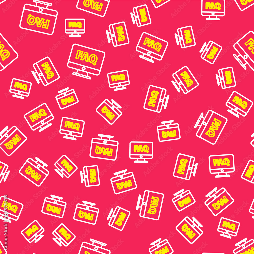 Line Computer monitor and FAQ icon isolated seamless pattern on red background. Adjusting, service, setting, maintenance, repair, fixing. Vector Line Computer monitor and FAQ icon isolated seamless pattern on red background. Adjusting, service, setting, maintenance, repair, fixing. Vector
