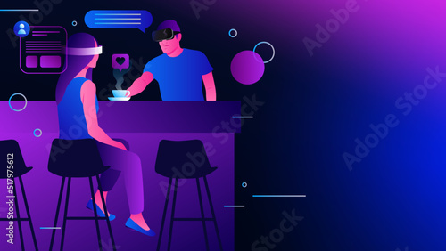 Communication in Metaverse. Online Dating, Coffee Shop Conceptual Illustration. Vector illustration
