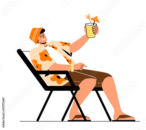 Summer vacation concept. Young man lies on outdoor chair, drinks delicious refreshing cocktail and relaxes on beach. Tourism and travel by sea. Cartoon flat vector illustration in doodle style