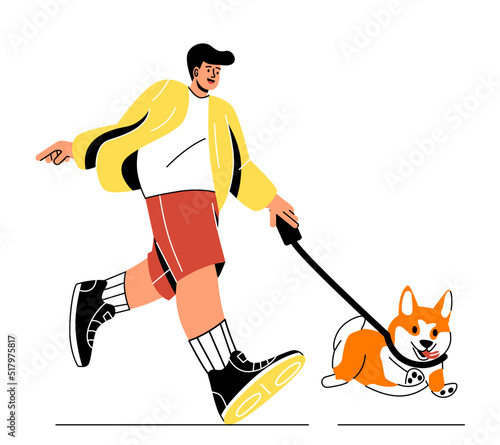 Summer vacation concept. Young happy guy runs after his cute puppy. Character or owner walking their pet or dog. Activity and recreation with animals. Cartoon flat vector illustration in doodle style