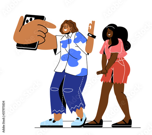 Summer vacation concept. Happy smiling guy and girl take selfies or photos on smartphone or phone. Friends or couple relax and have fun together. Cartoon flat vector illustration in doodle style