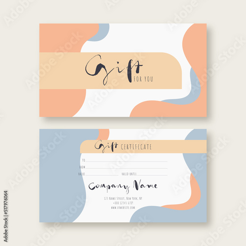 Abstract gift voucher card template. Modern discount coupon or certificate layout with geometric shape pattern. Vector illustration fashion bright background design in minimalistic style. 