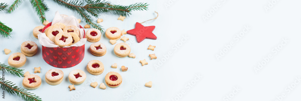 Austrian Linzer Christmas New Year Shortbread Cookies on Blue