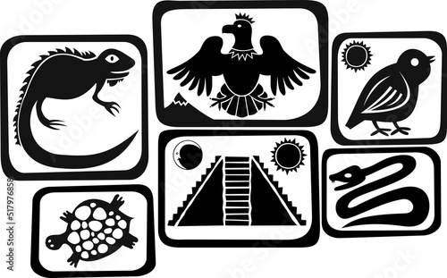 animals and pyramid stylized as Mesoamerican drawings vector illustration