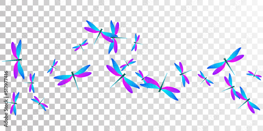 Exotic blue purple dragonfly flat vector background. Summer little damselflies. Decorative dragonfly flat kids wallpaper. Gentle wings insects patten. Garden beings