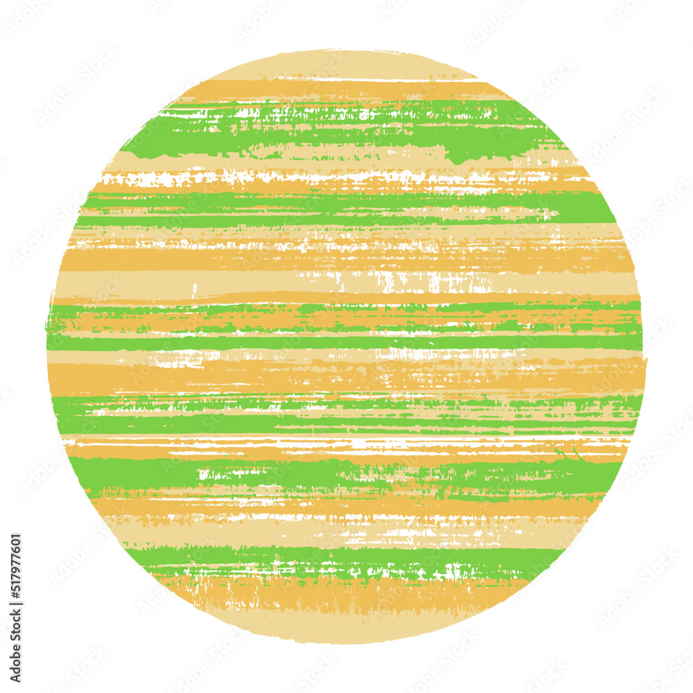 Rough circle vector geometric shape with striped texture of paint horizontal lines. Disk banner with old paint texture. Stamp round shape circle logo element with grunge background of stripes.