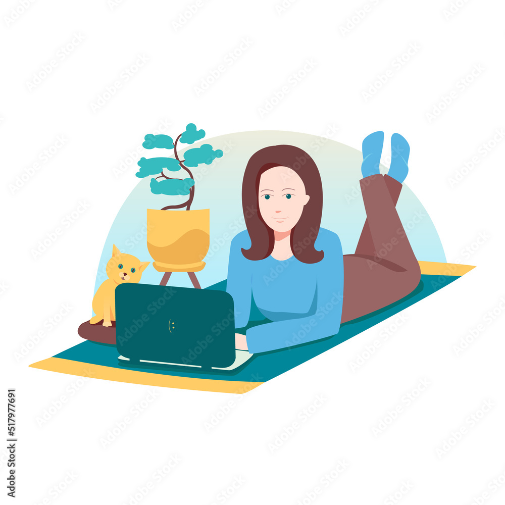 girl with laptop. Freelance or studying concept. Homework, work at home. Cute illustration in flat style. girl with laptop. Freelance or studying concept. Homework, work at home. Cute illustration in flat style.