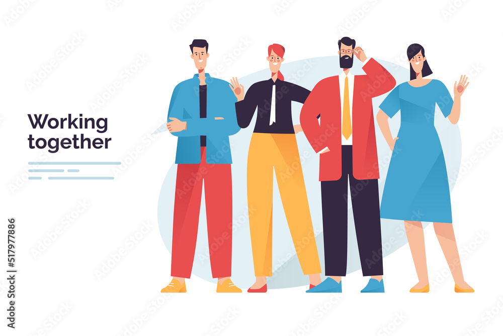 Vector illustration depicting a cheerful team of people, colleagues, friends
