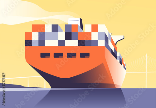 Vector illustration of a loaded container cargo ship passes under the bridge