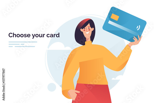 Vector illustration depicting a woman holding debit or credit payment card