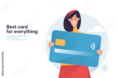 Vector illustration depicting a woman holding debit or credit payment card
