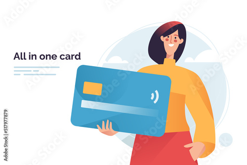 Vector illustration depicting a woman holding debit or credit payment card