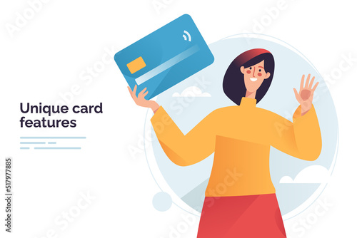 Vector illustration depicting a woman holding debit or credit payment card