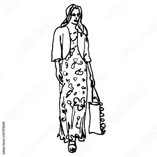 Walking young woman in long summer dress and bolero jacket holding bag. Hand drawn linear doodle rough sketch. Black silhouette on white background.