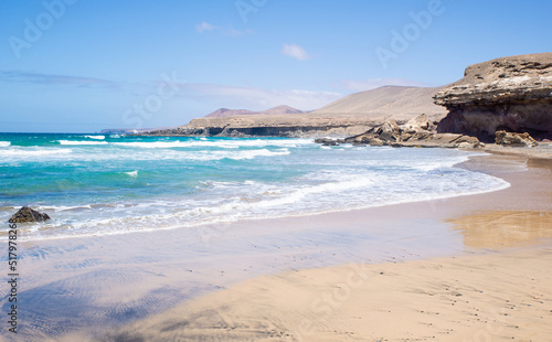 Scenic View of Beach and Mountains on Summer Time, Playa de Garcey,Fuerteventura,Canary,Spain.