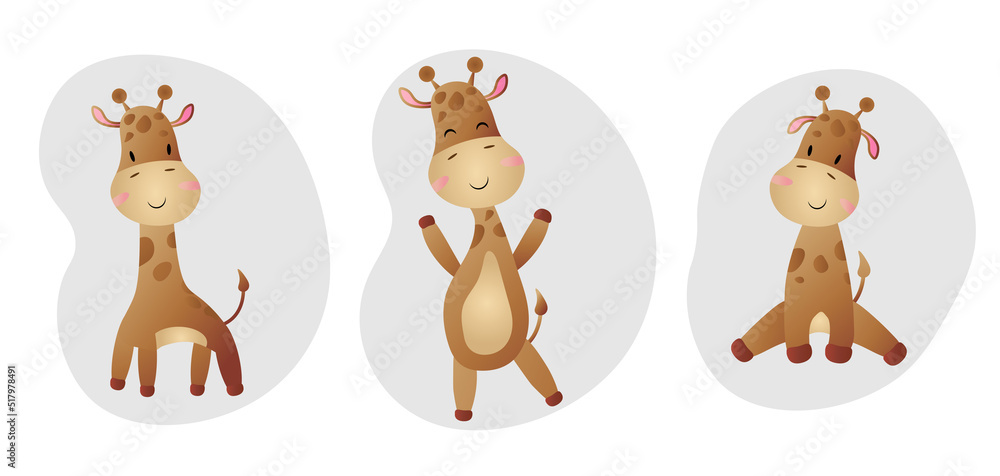 Set cartoon little giraffe character standing on an abstract gray background. Vector illustration for the design of T-shirts, prints, covers, graphics, posters.