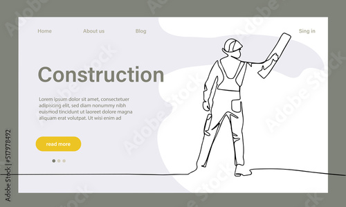Landing page of architecture works with protective face masks for safety in machine industrial factory. Continuous one line drawing for your minimal design