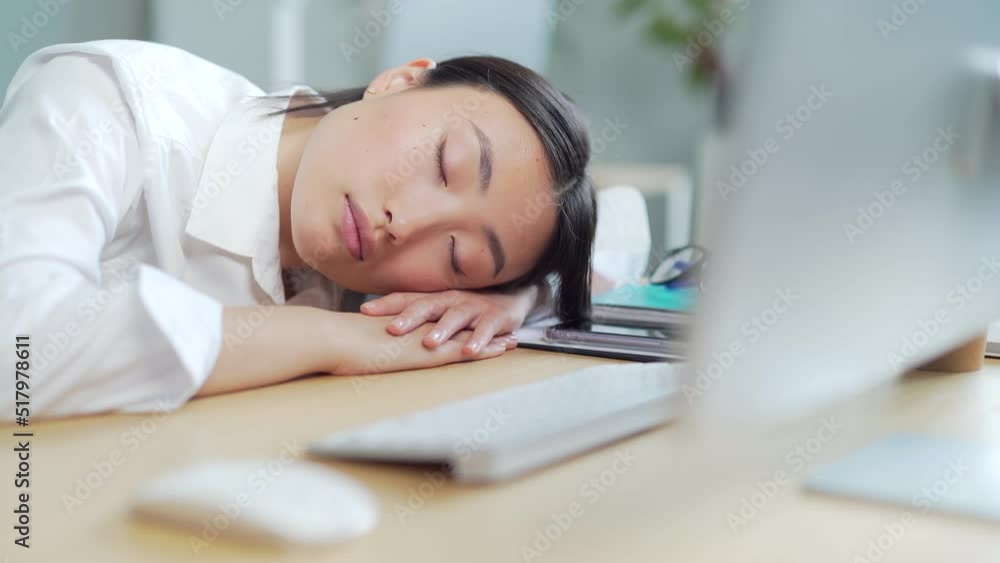 exhausted asian business woman office worker or clerk sleeping at work. Exhausted overload businesswoman employee falling asleep on desktop. overwork tired female at the workplace desktop. Asia exhausted asian business woman office worker or clerk sleeping at work. Exhausted overload businesswoman employee falling asleep on desktop. overwork tired female at the workplace desktop. Asia
