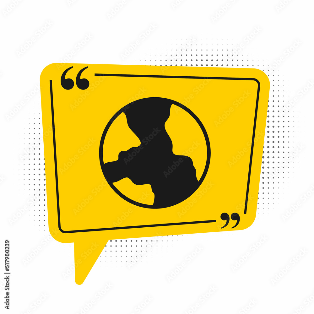 Black Worldwide icon isolated on white background. Pin on globe. Yellow speech bubble symbol. Vector