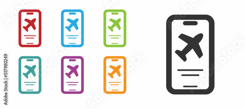 Black Smartphone with electronic boarding pass airline ticket icon isolated on white background. Passenger plane mobile ticket for web and app. Set icons colorful. Vector