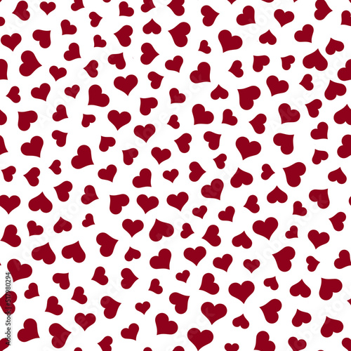 Seamless scattered red hearts in various sizes on white background