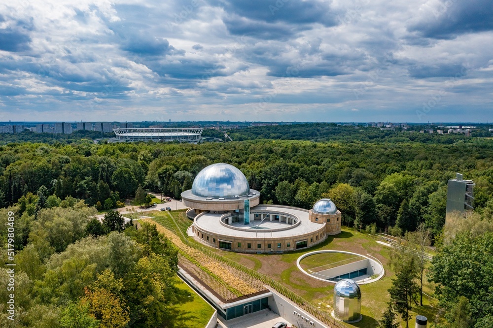 Obraz na płótnie Aerial drone view on planetarium in Katowice, Silesia, Poland w salonie