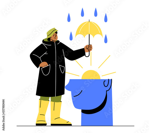 Mental health concept. Woman protects her mind from problems and disorders. Sun in head as metaphor for positive thinking and psychological calmness. Cartoon flat vector illustration in doodle style