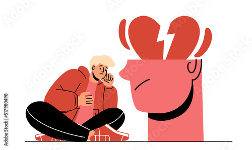 Mental health concept. Young frustrated man suffers from loneliness and relationship breakup. Character with broken heart, depression and psychological problems. Cartoon flat vector illustration