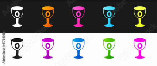 Set Medieval goblet icon isolated on black and white background. Holy grail. Vector