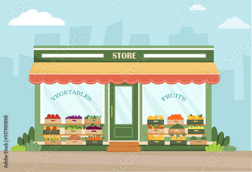 Fruit and vegetable store on the street. Fresh organic food products. Fruit and vegetable in boxes. Farm products. Cucumber, tomato, potato, carrot, corn, banana, apple, pear. Vector illustration.
