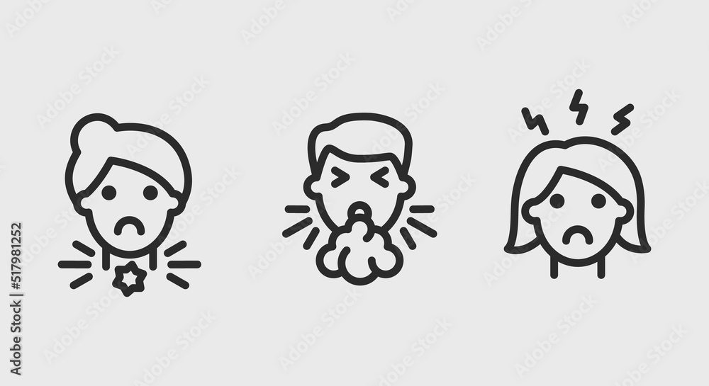 Flu symptoms icons. Sore throat, cough and headache icons isolated on grey background. Icons for web design, app interface. Vector illustration Flu symptoms icons. Sore throat, cough and headache icons isolated on grey background. Icons for web design, app interface. Vector illustration