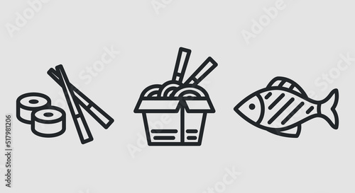 Asian food icons. Chopsticks, sushi roll, box of noodles and cooked fish icons isolated on grey background. Icons for web design, app interface. Vector illustration