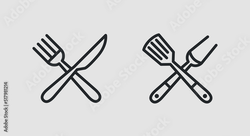 BBQ utensils icons set. Crossed fork and knife, spatula and grill fork icons isolated on grey background. Icons for web design, app interface. Vector illustration