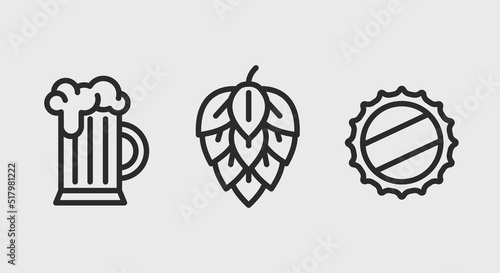Beericons. Mug of beer, hop and bottle cap icons isolated on grey background. Icons for web design, app interface. Vector illustration