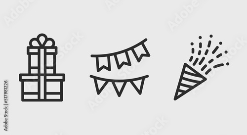 Birthday icons. Gift boxes, ribbons, confetti cannon icons isolated on grey background. Icons for web design, app interface. Vector illustration