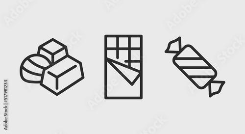 Chocolate icons. Chocolate candies and bar icons isolated on grey background. Icons for web design, app interface. Vector illustration