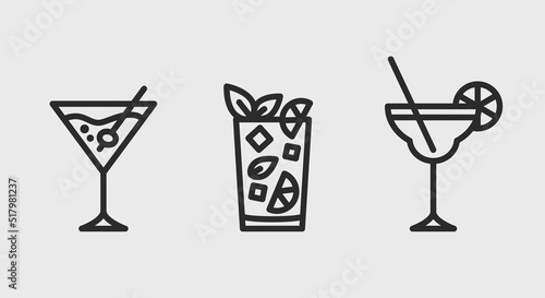 Cocktail icons. Simple outline cocktail icons isolated on grey background. Icons for web design, app interface. Vector illustration
