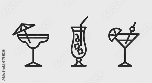 Cocktail icons. Simple outline cocktail icons isolated on grey background. Icons for web design, app interface. Vector illustration