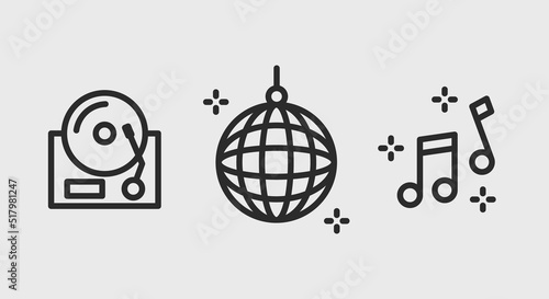 Disco icons. Mixing console, disco ball and musical notes icons isolated on grey background. Icons for web design, app interface. Vector illustration