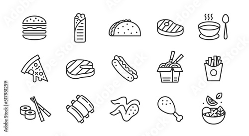Food icons. Set of 15 food trendy minimal icons. Burger, ribs, fries, taco icon etc. Design signs for cafe, restaurant menu, web page, mobile app, logo, banner, packaging design. Vector illustration