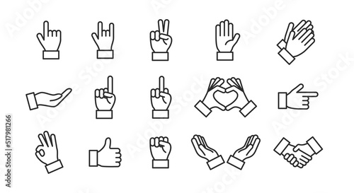 Hand gestures icons set. Set of 15 Hands icons isolated on white background. Thumb up, handshake. Icons for web design, app interface. Vector illustration