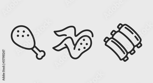 Grilled meat icons. Fried, grilled chicken leg, wing and ribs icons isolated on grey background. Icons for web design, app interface. Vector illustration