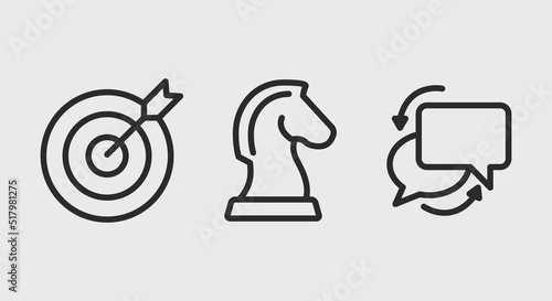 Marketing icons. Bullseye, knight chess or horse, speech bubbles icons isolated on grey background. Concept of target, strategy and communication for web design, app interface. Vector illustration. 