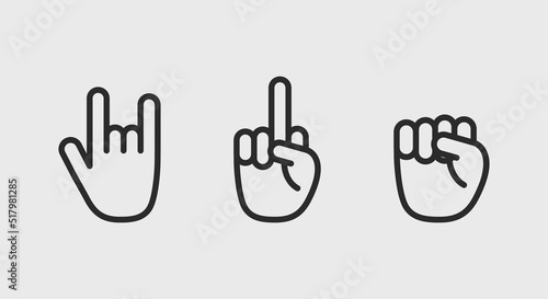 Hand gestures icons. Sign of the horns, middle finger and clinched fist icons. Icons for web design, app interface. Vector illustration