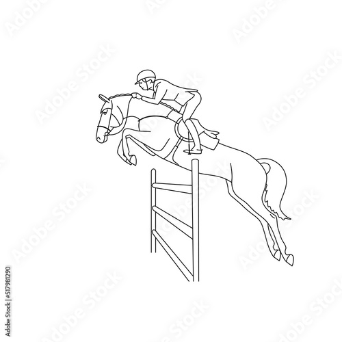 Show jumping competition on horseback, line drawing for coloring book