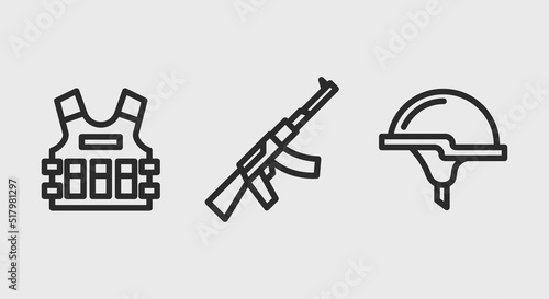 Soldier equipment icons. Bulletproof vest, firearm and helmet minimal icons isolated on grey background. Icons for web design, app interface. Vector illustration