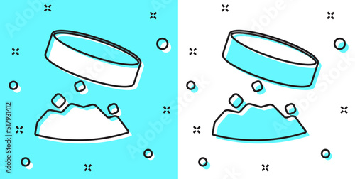 Black line Giant magnet holding iron dust icon isolated on green and white background. Random dynamic shapes. Vector