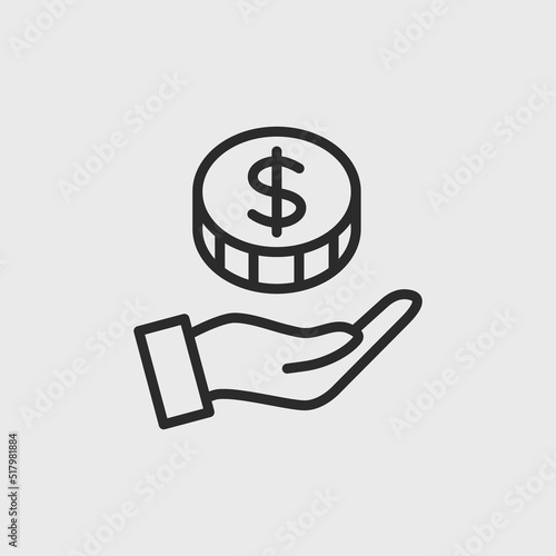 Earning icon. Extended hand and coin with US dollar sign for social media, web and app design. Vector illustration 